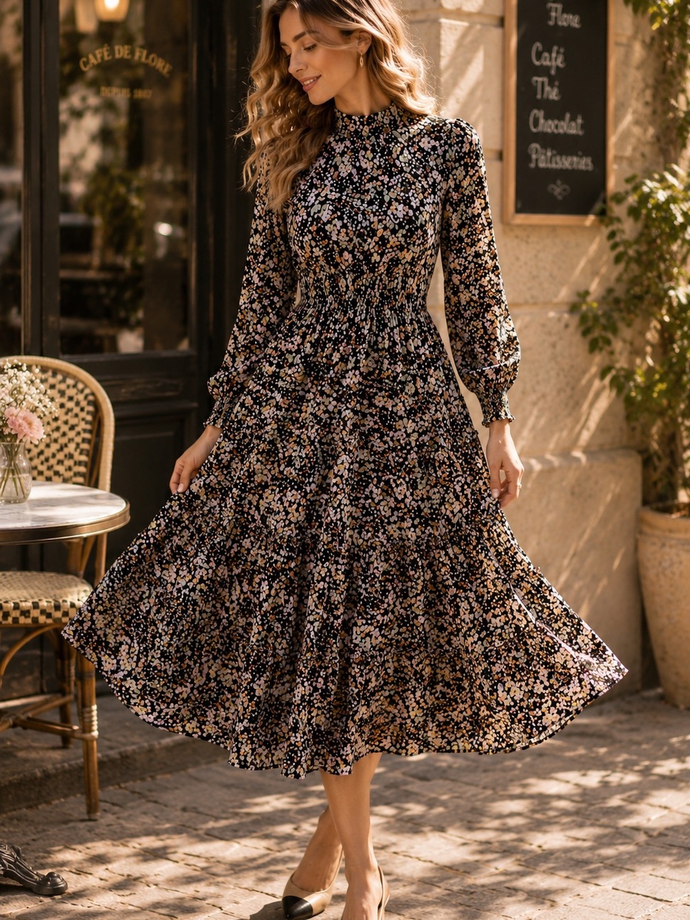 Black Floral Smocked Midi Dress Boho Romantic Fall Size 0